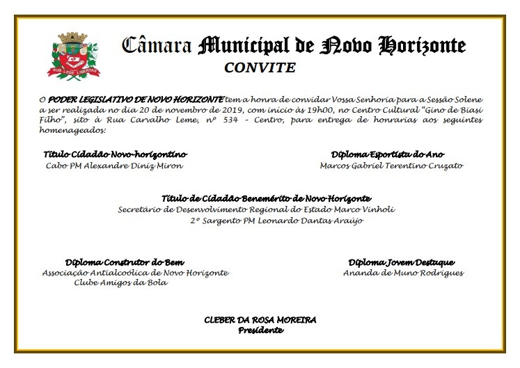 Câmara realiza sessão solene para entrega de honrarias no dia 20 de novembro