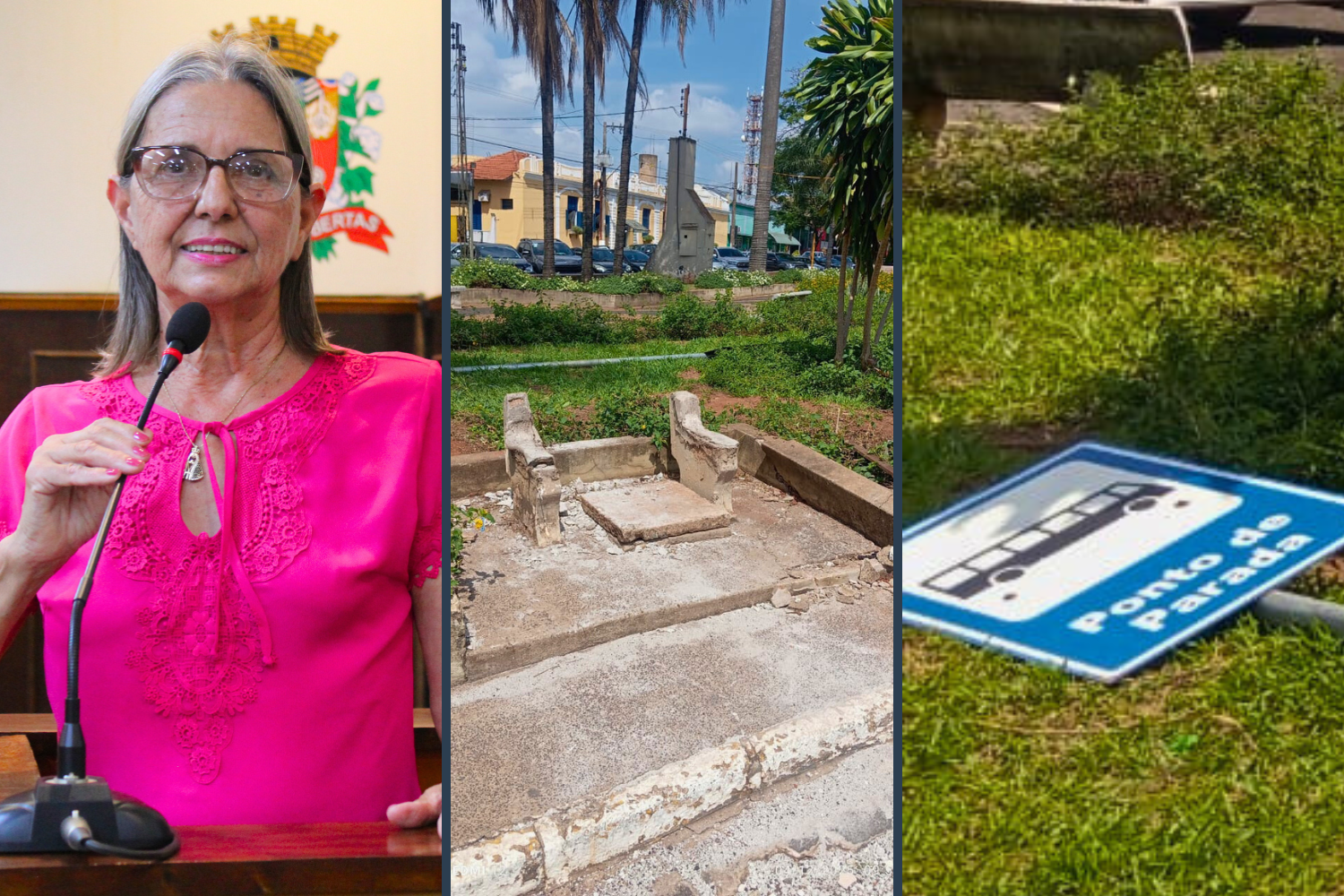 Vereadora Sônia Canato solicita reparos em banco público e reinstalação da placa de sinalização do ponto de ônibus no Centro