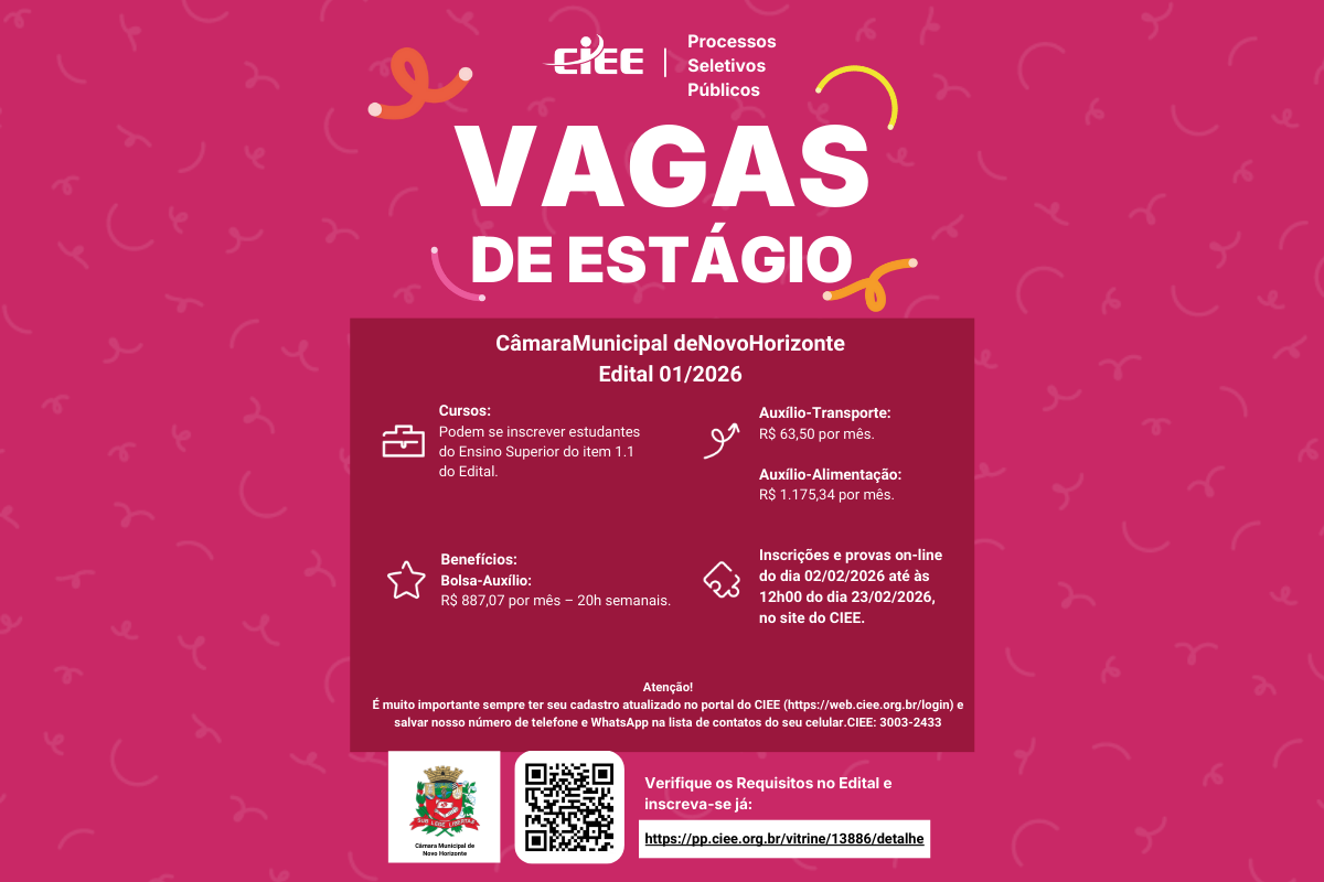 Câmara de Novo Horizonte abre vagas para estágio em parceria com o CIEE